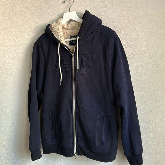 Abercrombie & Fitch hoodie Faux Fur inside Navy Blue Logo front impeccable - Picture 1 of 12